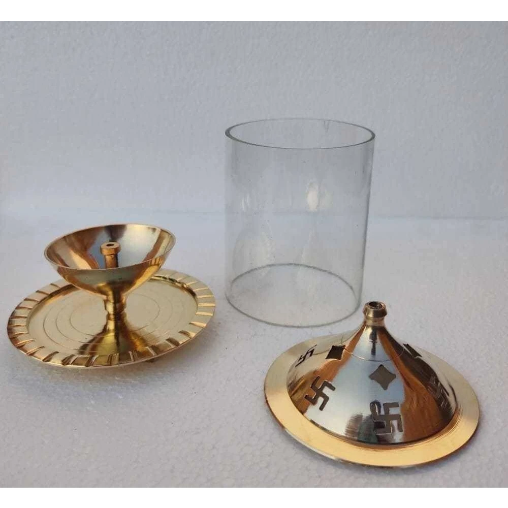 Heaven Decor Traditional Brass and Glass Akhand Diya Oil Puja Lamp 5 Inch