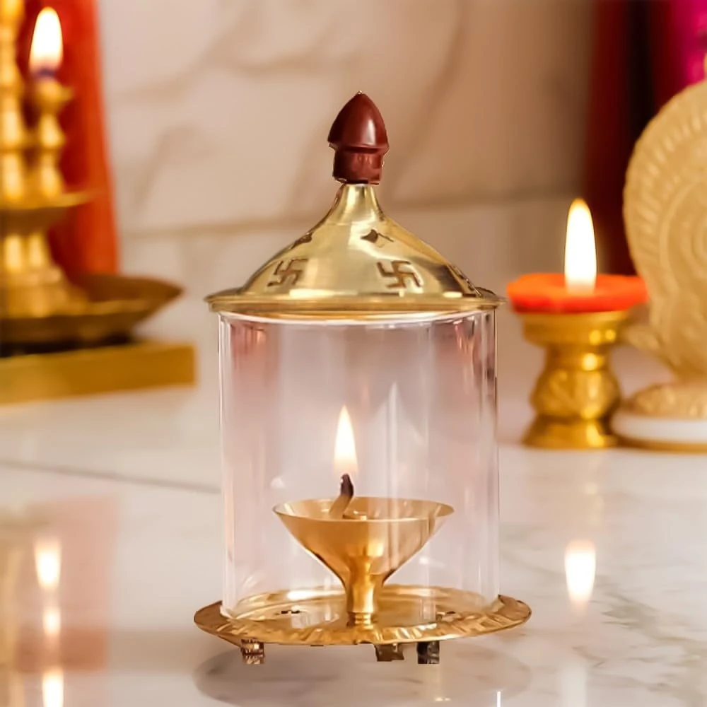 Heaven Decor Traditional Brass and Glass Akhand Diya Oil Puja Lamp 5 Inch