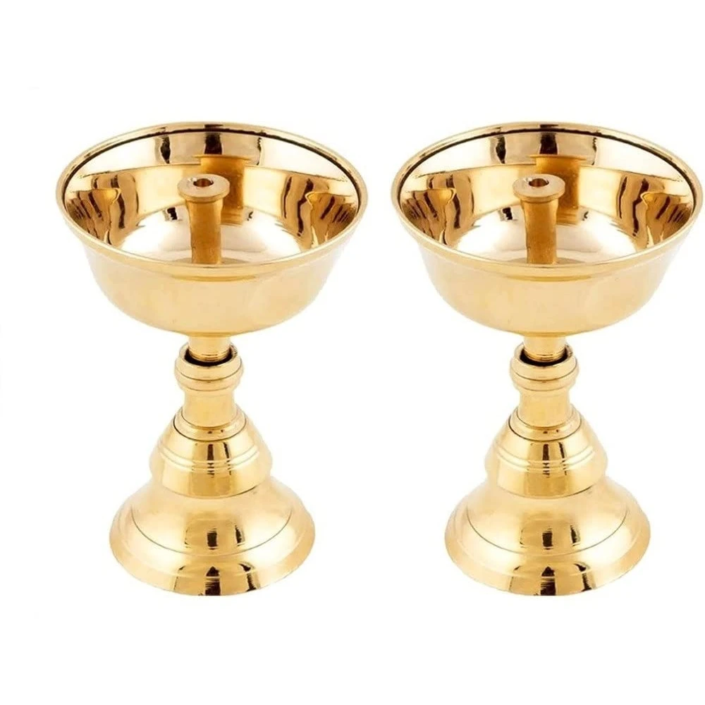 Heaven Decor Pure Brass Akhand Jyothi Pyali diya with Stand for Home Office Temple Decor(Pack of 2)Brass Table Diya