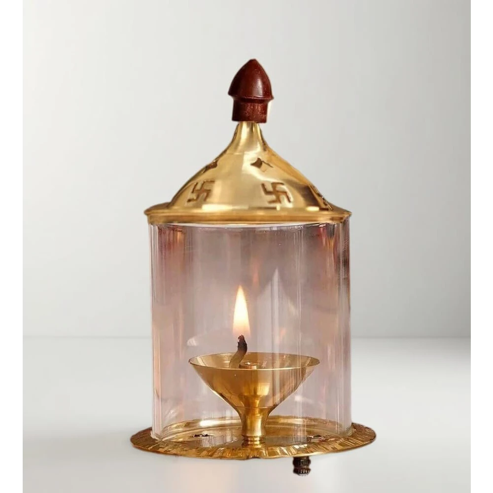 Heaven Decor Traditional Brass and Glass Akhand Diya Oil Puja Lamp 5 Inch