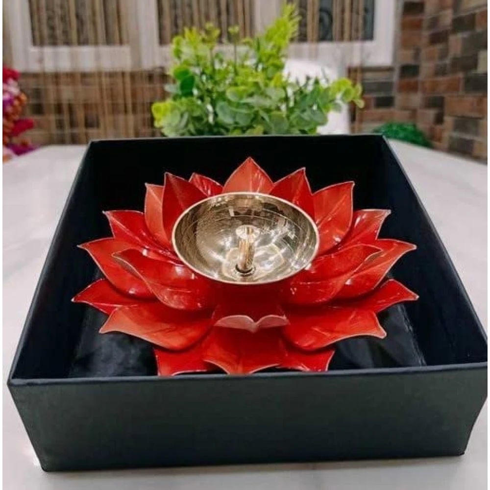 Heaven Decor Iron and Brass Kamal Ptta Red color Akhand diya With Fancy Gift Box size 6 inch