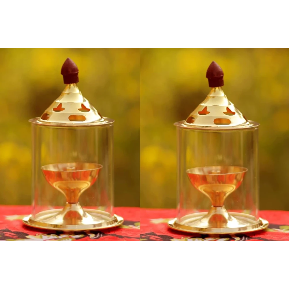 Heaven Decor Brass and High Quality Glass Akhand deep Diya 5 Inch(Pack of 2)
