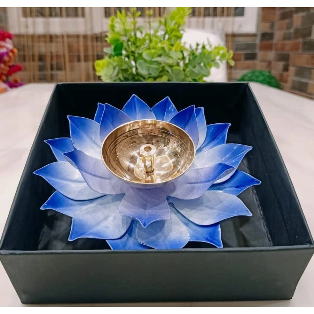 Heaven Decor Iron and Brass Kamal Ptta Blue color Akhand diya With Fancy Gift Box size 6 inch