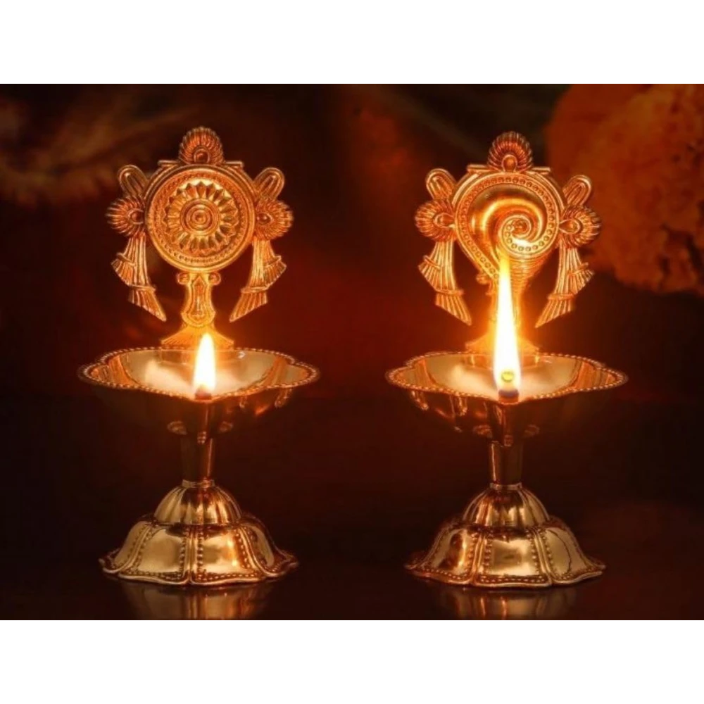 Heaven Decor Brass Shankh Chakra Decorative Pooja Diya Brass (Pack of 2) Table Diya Set  (Height: 3.5 inch)