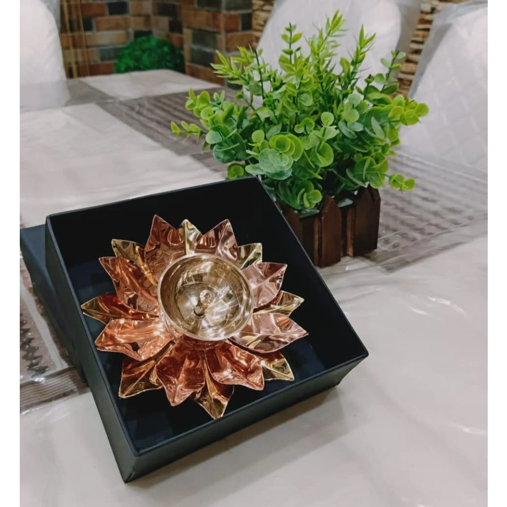 Heaven Decor Copper and Brass Kamal Ptta  Akhand diya With Fancy Gift Box size 5 inch