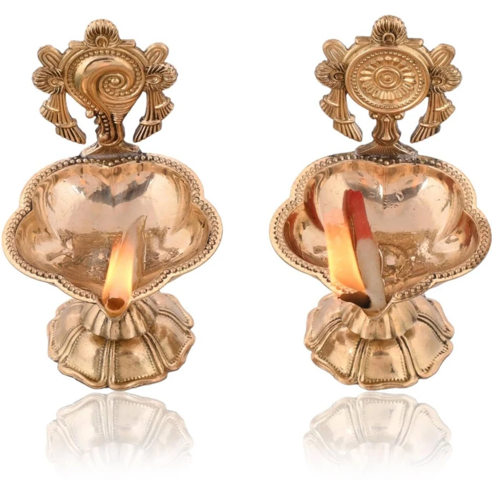 Heaven Decor Brass Shankh Chakra Decorative Pooja Diya Brass (Pack of 2) Table Diya Set  (Height: 3.5 inch)