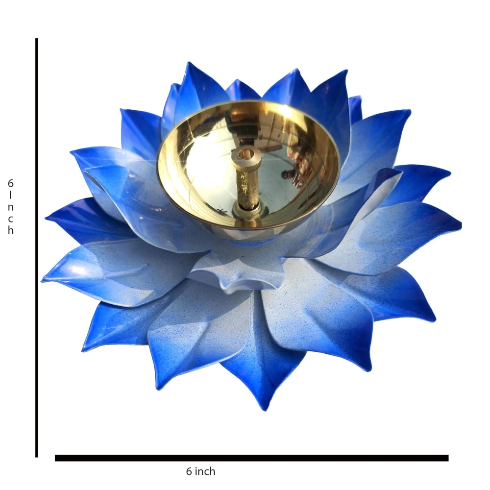 Heaven Decor Handcrafted Blue Lotus Flower Brass Diya Oil Lamp ,Traditional Pooja Deepak for Diwali, Home Temple, Festive Decoration & Gifting