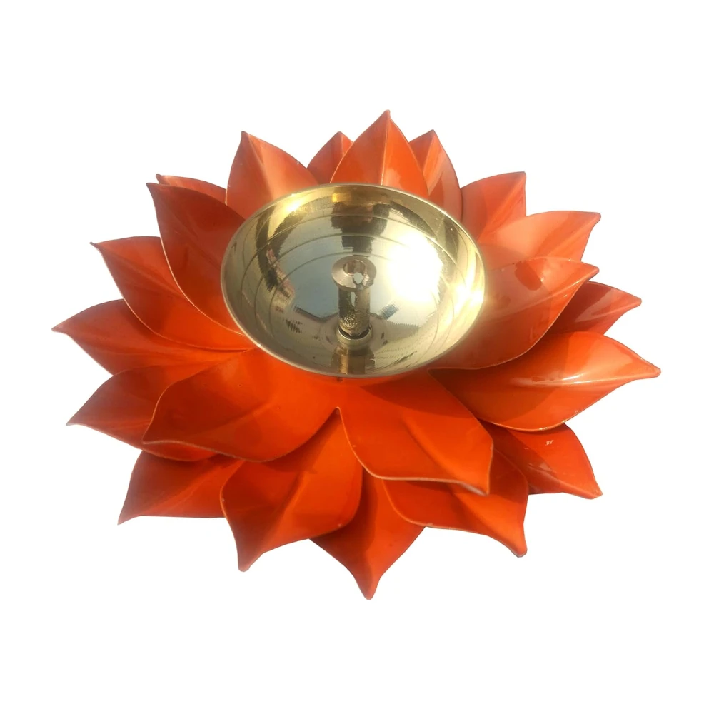 Heaven Decor Handcrafted Orange Lotus Flower Brass Diya Oil Lamp ,Traditional Pooja Deepak for Diwali, Home Temple, Festive Decoration & Gifting