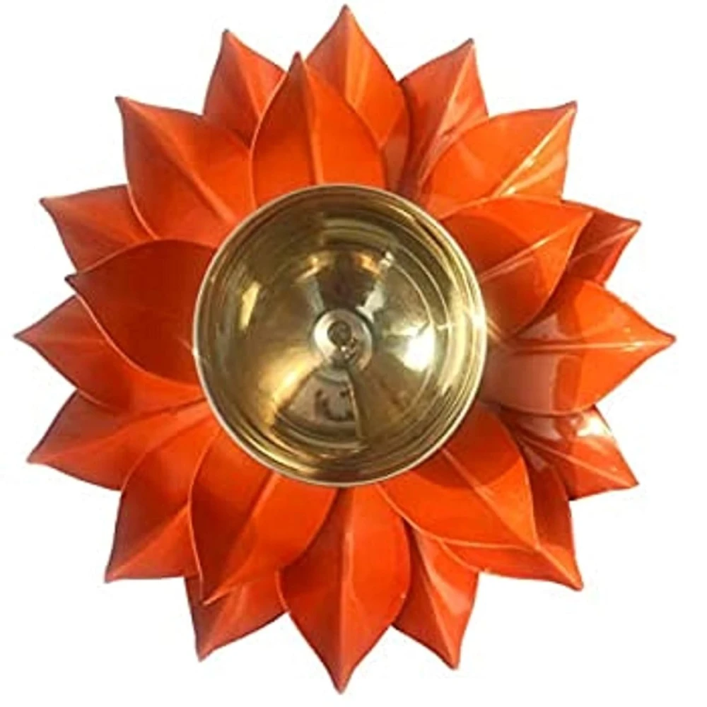 Heaven Decor Handcrafted Orange Lotus Flower Brass Diya Oil Lamp ,Traditional Pooja Deepak for Diwali, Home Temple, Festive Decoration & Gifting