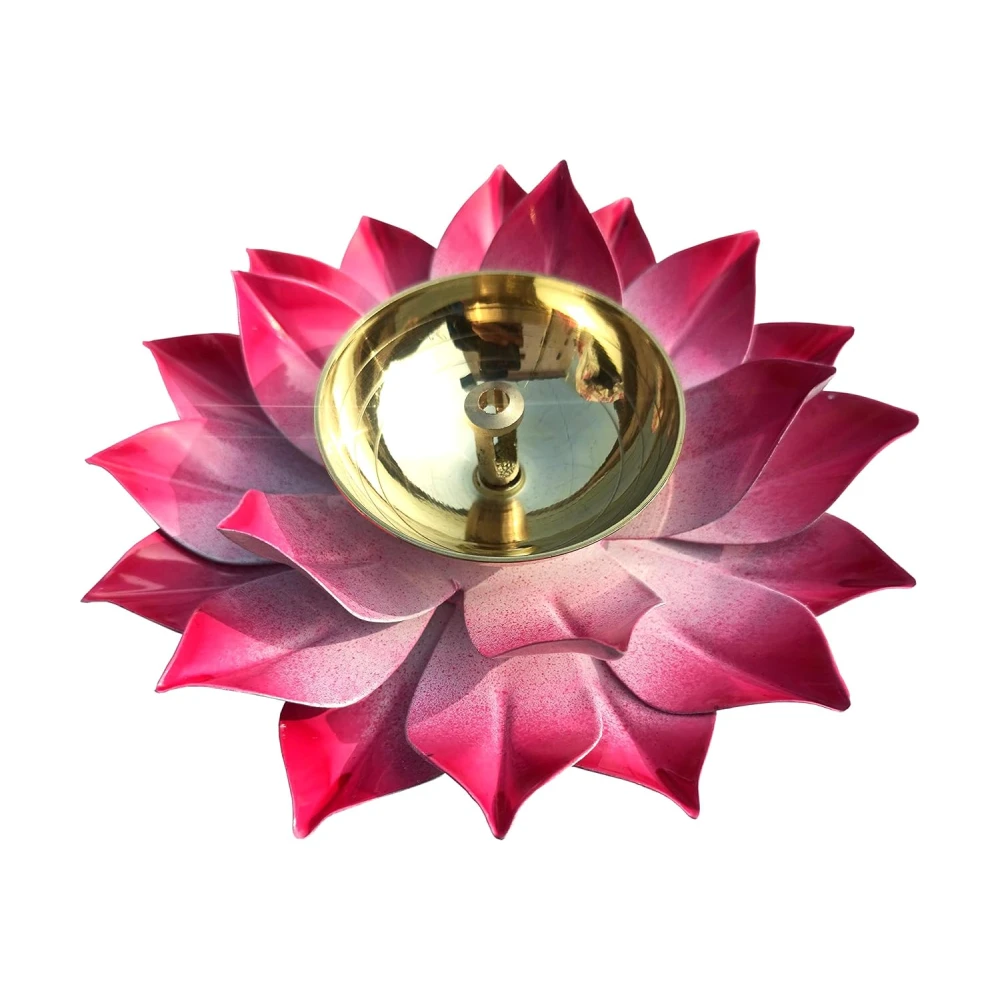 Heaven Decor Handcrafted Pink Lotus Flower Brass Diya Oil Lamp ,Traditional Pooja Deepak for Diwali, Home Temple, Festive Decoration & Gifting