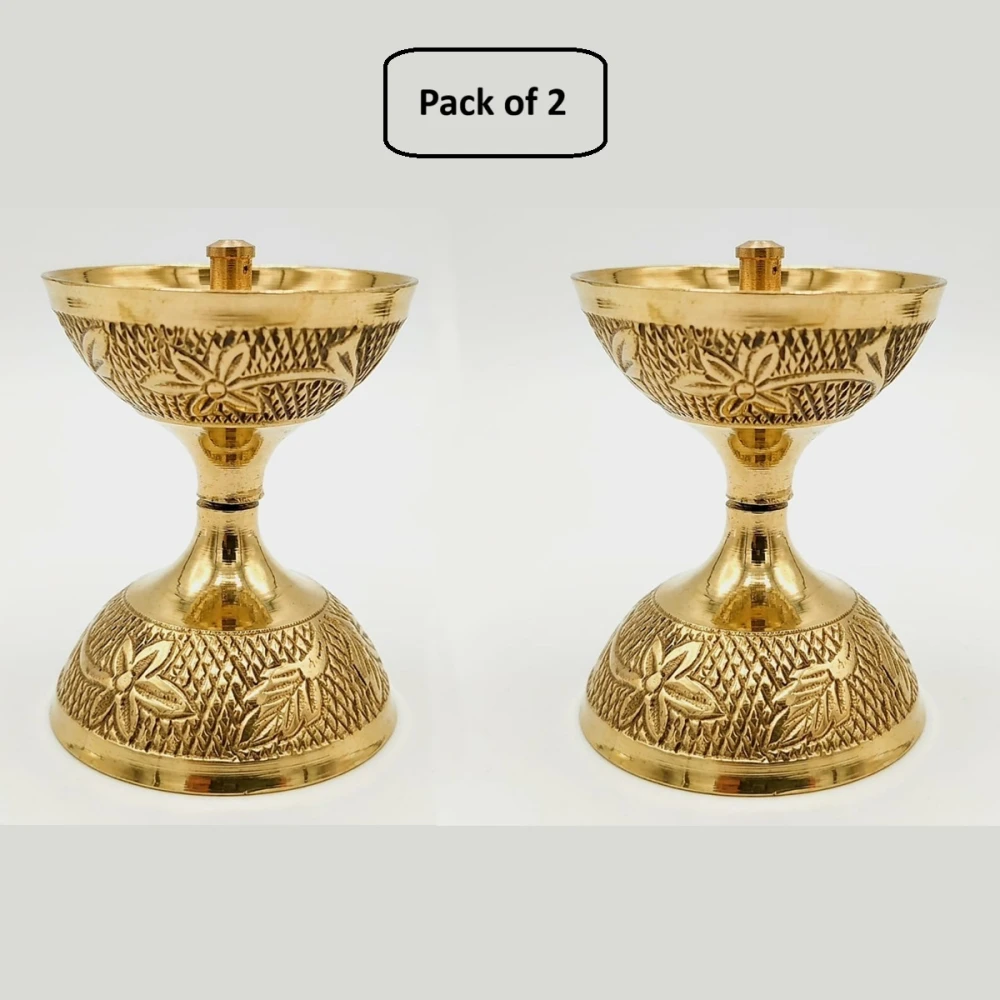 Heaven Decor Elegant Brass Pedestal Diya with Engraved Design | Traditional Oil Lamp for Puja & Home Décor(Pack of 2)