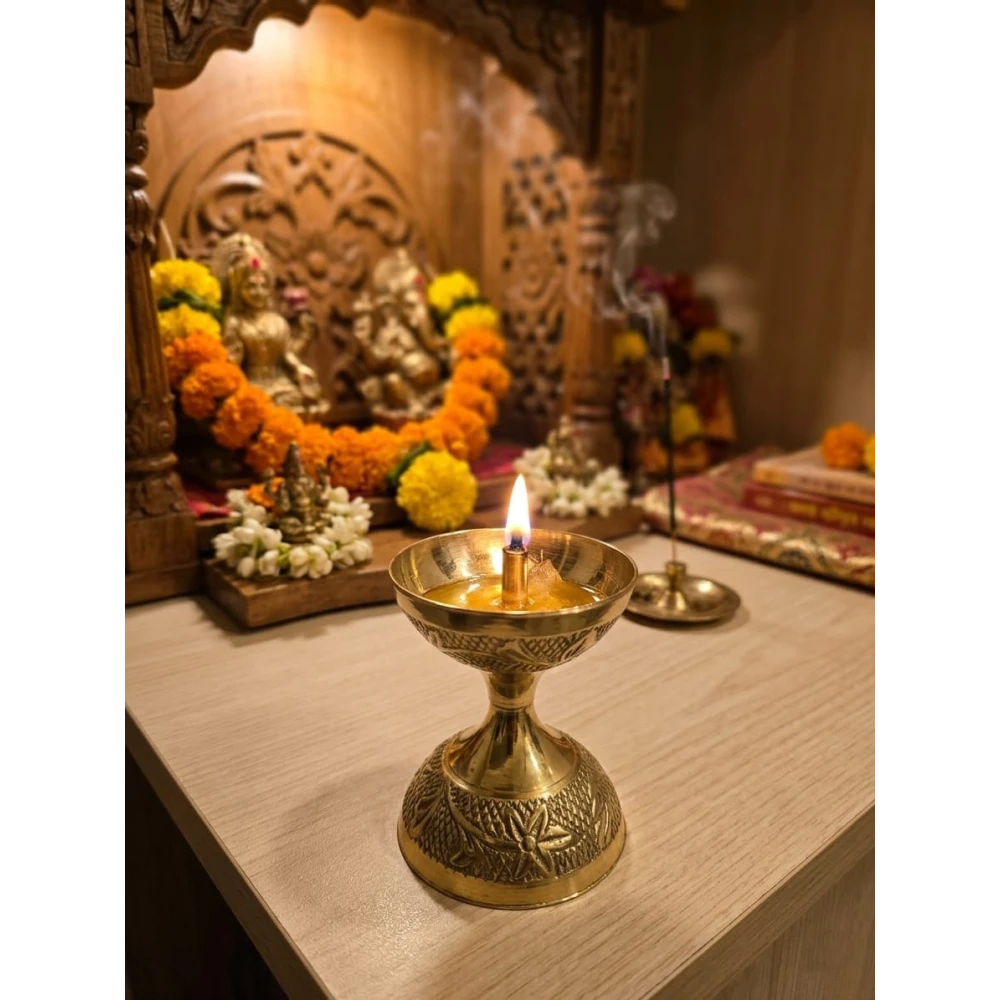 Heaven Decor Elegant Brass Pedestal Diya with Engraved Design | Traditional Oil Lamp for Puja & Home Décor(Pack of 1)