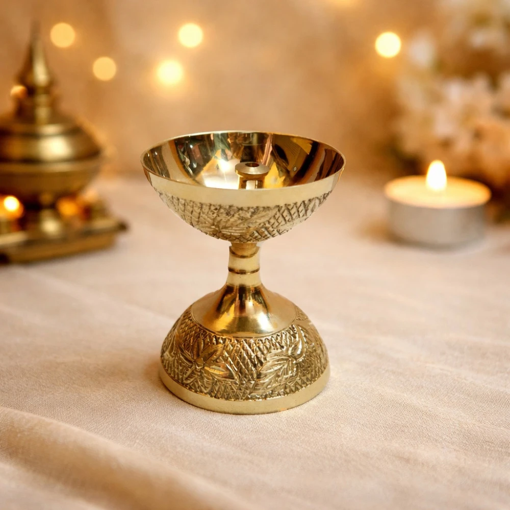 Heaven Decor Elegant Brass Pedestal Diya with Engraved Design | Traditional Oil Lamp for Puja & Home Décor(Pack of 1)