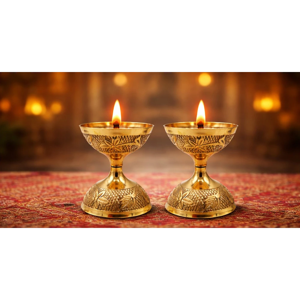 Heaven Decor Elegant Brass Pedestal Diya with Engraved Design | Traditional Oil Lamp for Puja & Home Décor(Pack of 2)