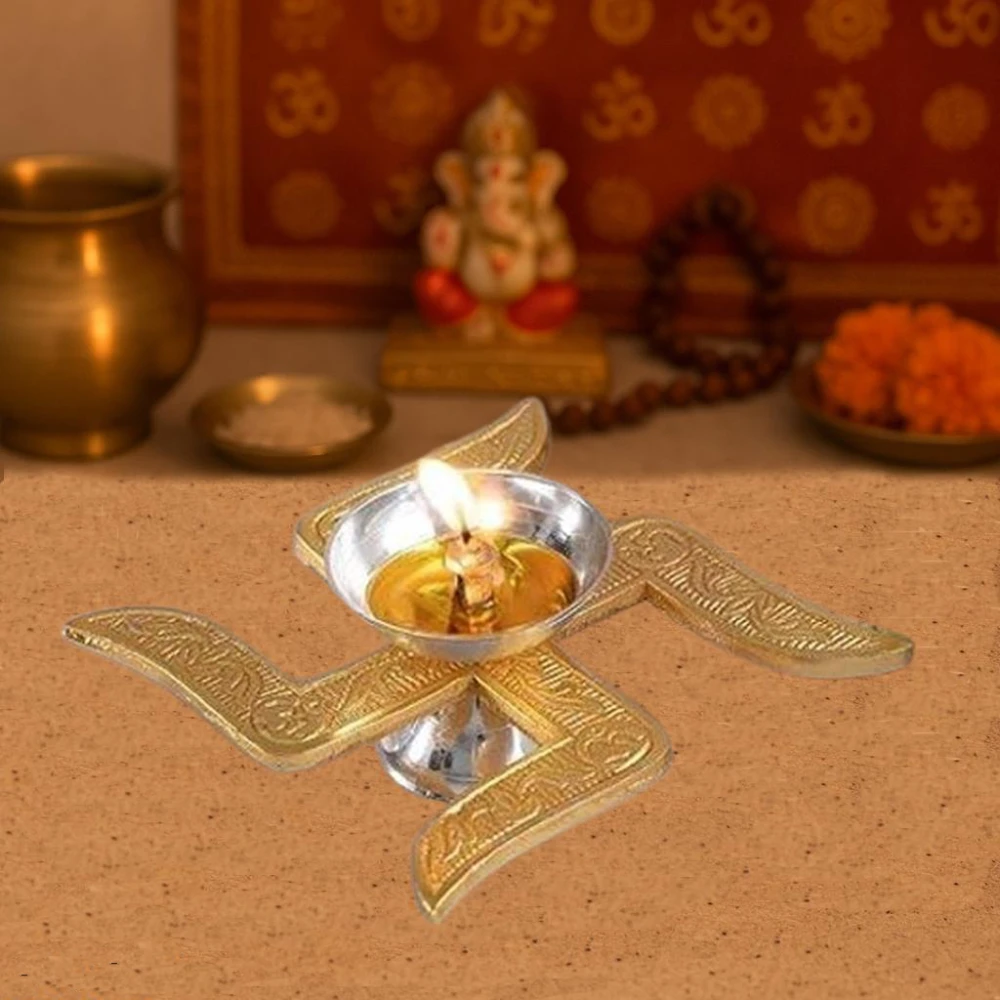 Heaven Decor Traditional Brass Swastik Diya with Velvet Box for Pooja, Diwali, Home Decor