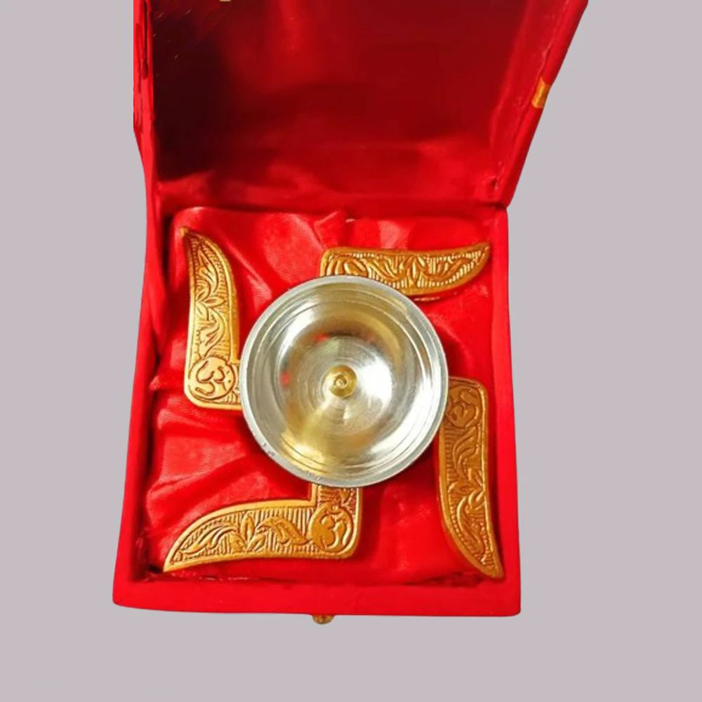 Heaven Decor Traditional Brass Swastik Diya with Velvet Box for Pooja, Diwali, Home Decor