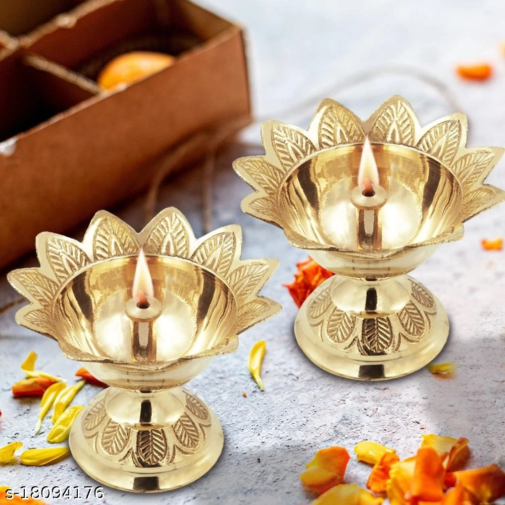 Heaven decor small Brass Diwali Kuber devdas engraved Deepak Diya Oil Lamp For Puja pack 2