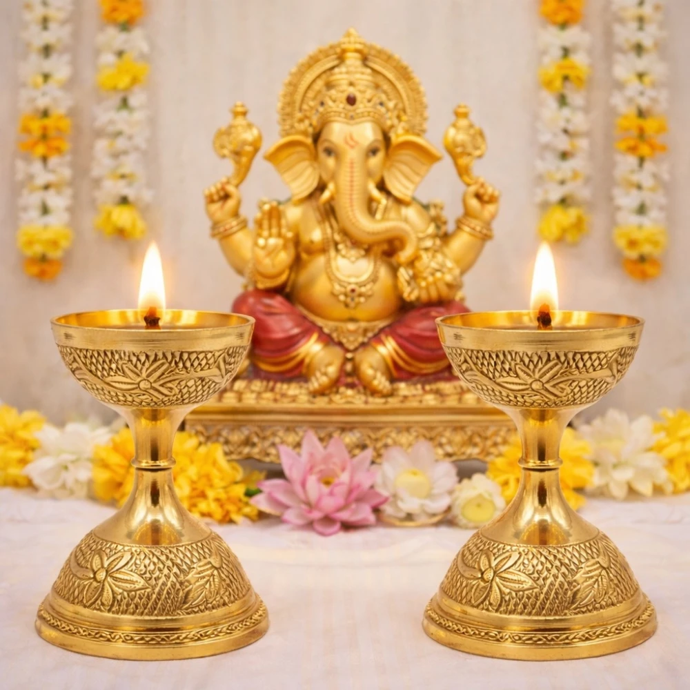 Heaven Decor Elegant Brass Pedestal Diya with Engraved Design | Traditional Oil Lamp for Puja & Home Décor(Pack of 2)
