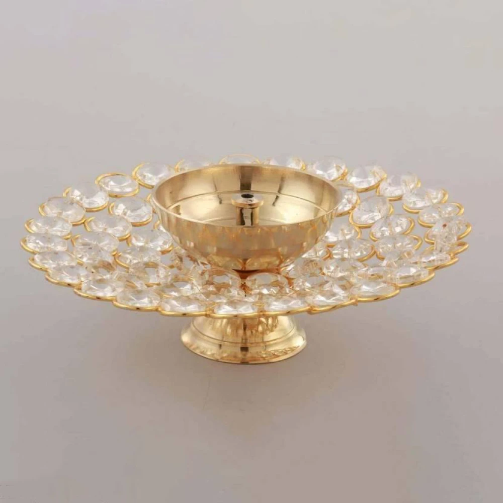 Heaven Decor Brass Diya for Puja Crystal Akhand Diya Oil Puja Lamp Brass, Crystal Table Diya  (Height: 1.6 inch)