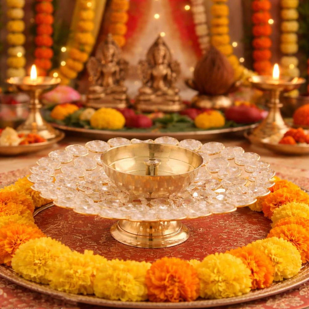 Heaven Decor Brass Diya for Puja Crystal Akhand Diya Oil Puja Lamp Brass, Crystal Table Diya  (Height: 1.6 inch)