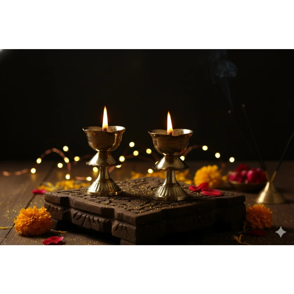 Heaven Decor Gold Plated Pure Brass Kamal Table Diya | Lotus Design Decorative Oil Lamp for Pooja, Mandir, Home Temple & Festive Decor & Religious Gifting