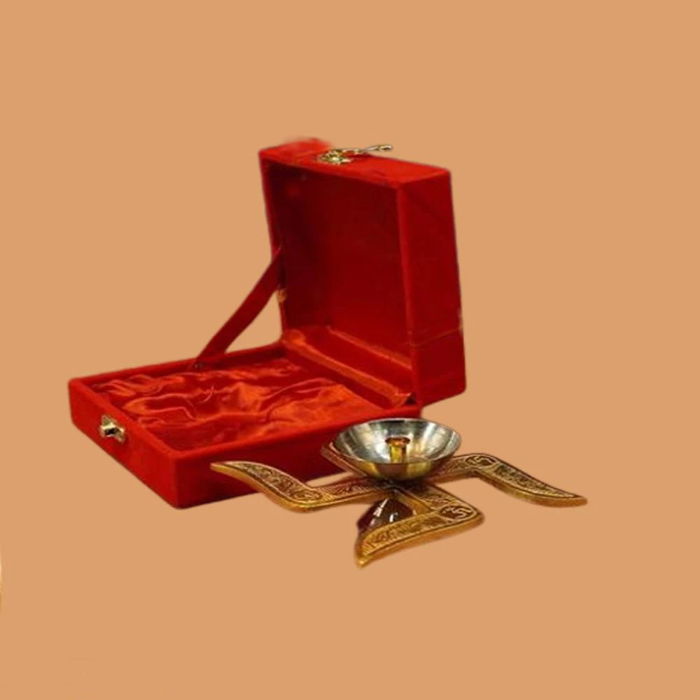 Heaven Decor Traditional Brass Swastik Diya with Velvet Box for Pooja, Diwali, Home Decor