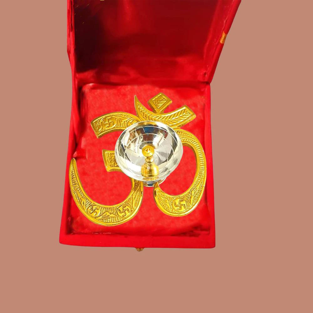 Heaven Decor Traditional Brass OM Diya with Velvet Box for Pooja, Diwali, Home Decor Deepam Jyot Diya Oil Lamp | Pooja Articles and Pooja Items for Home Temple(Height: 2 inch)