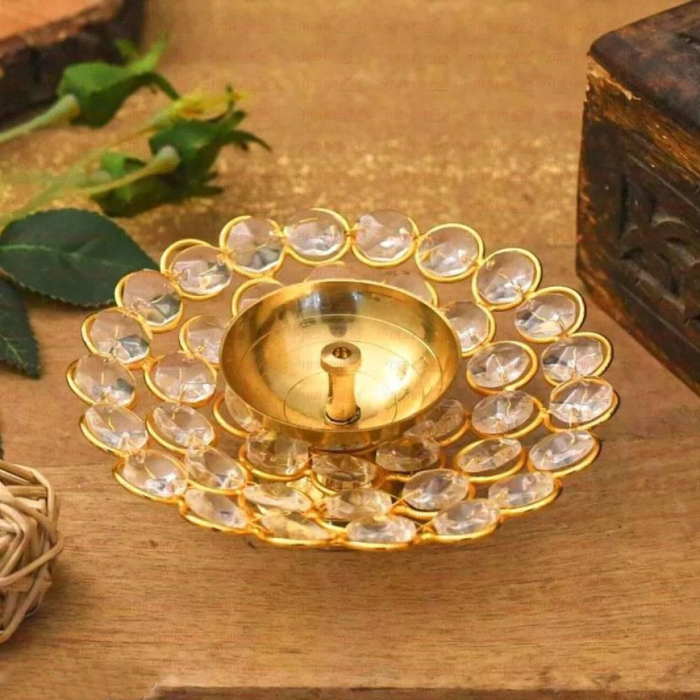 Heaven Decor Brass Diya for Puja Crystal Akhand Diya Oil Puja Lamp Brass withCrystal Table Diya  (Height: 1.6 inch)