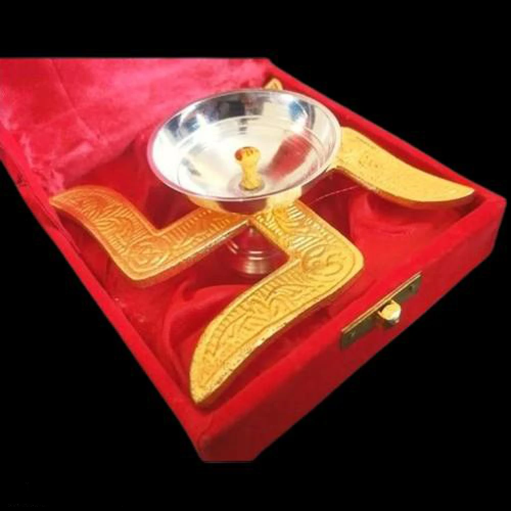 Heaven Decor Traditional Brass Swastik Diya with Velvet Box for Pooja, Diwali, Home Decor