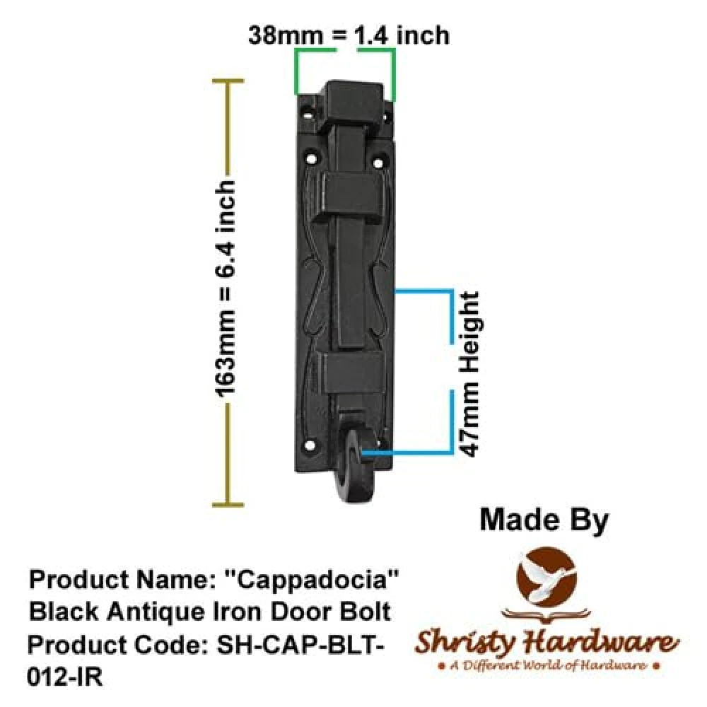 Shristy Hardware Cappadocia Black Antique Iron Door Bolt - (Black Powder Coated Finish) - Supplied as 2 Pieces Per Pack