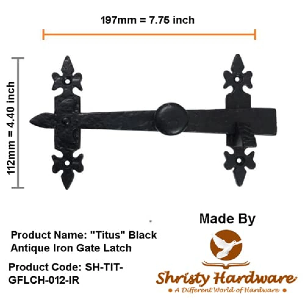 Shristy Hardware Titus Black Antique Iron Gate Latch - (Black Powder Coated Finish) - Supplied as 1 Piece