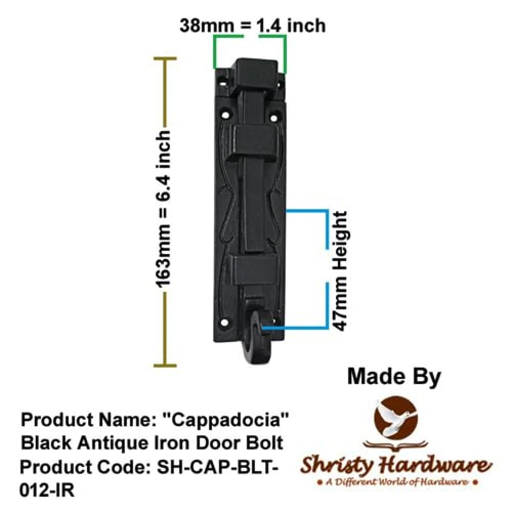 Shristy Hardware Cappadocia Black Antique Iron Door Bolt - (Black Powder Coated Finish) - Supplied as 1 Pieces Per Pack