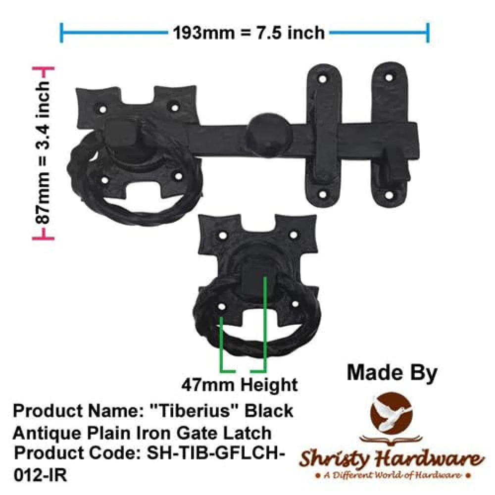 Shristy Hardware Tiberius Black Antique Plain Iron Gate Latch - (Black Powder Coated Finish) - Supplied as 1 Piece