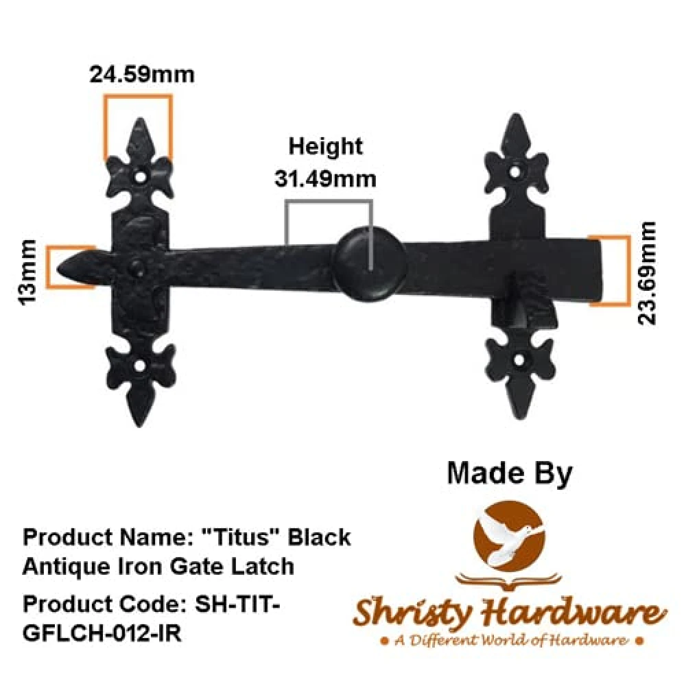 Shristy Hardware Titus Black Antique Iron Gate Latch - (Black Powder Coated Finish) - Supplied as 1 Piece
