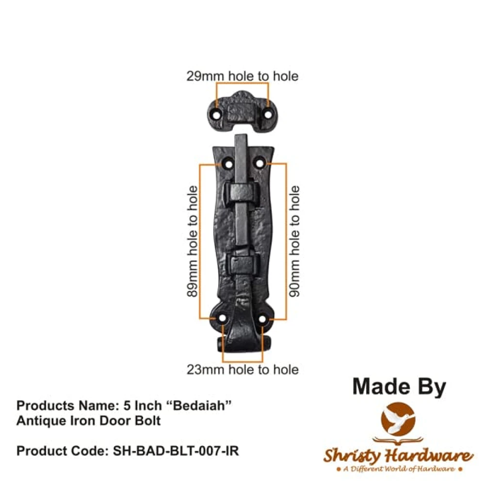 Shristy Hardware 5 Inch “Bedaiah” Antique Iron Door Bolt - (Black Powder Coated Finish) - Supplied as 2 Pieces per Pack