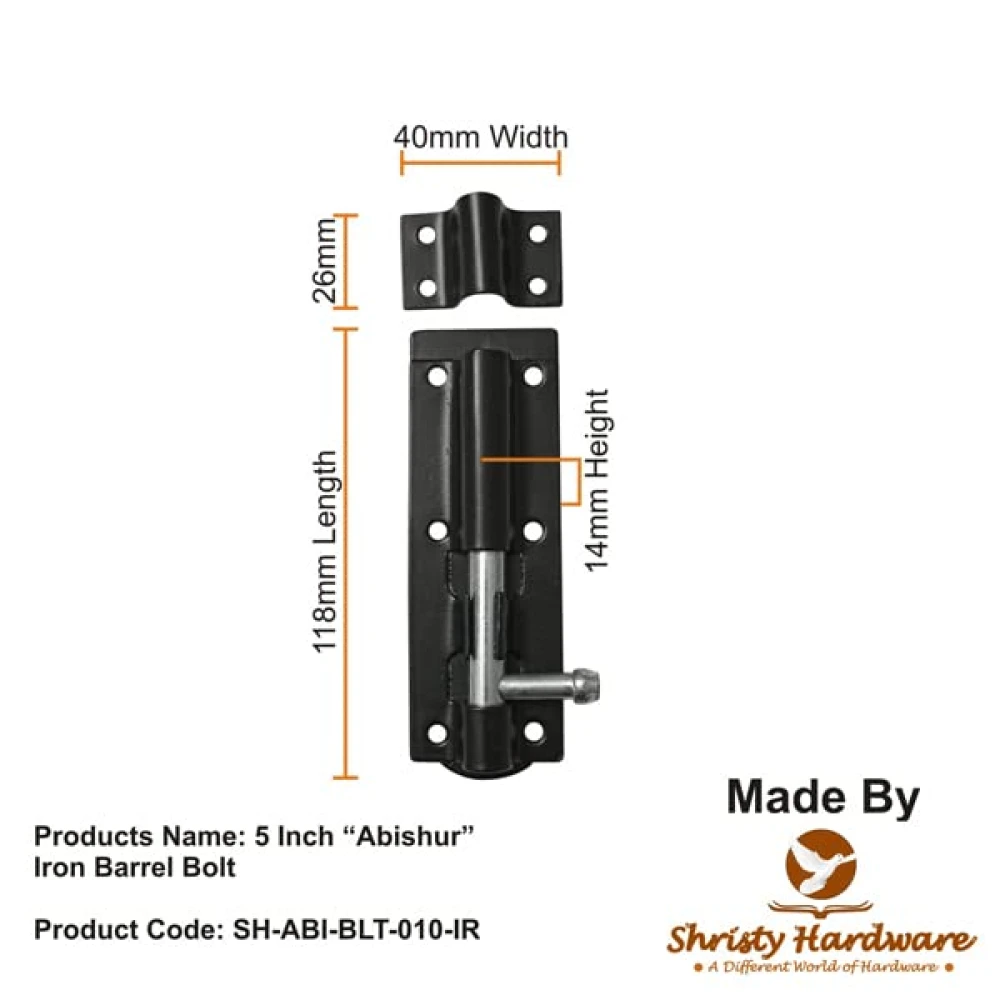 Shristy Hardware 5“ “Abishur” Iron Barrel Bolt - (Black Powder Coated Finish) - Supplied as 1 Piece per Pack