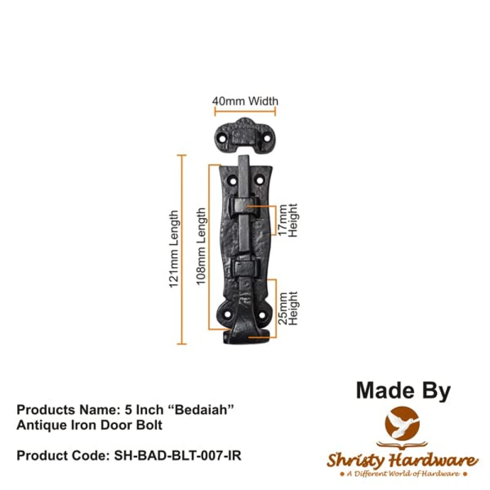 Shristy Hardware 5 Inch “Bedaiah” Antique Iron Door Bolt - (Black Powder Coated Finish) - Supplied as 2 Pieces per Pack