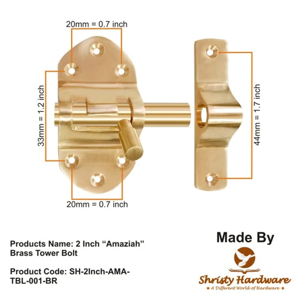 Shristy Hardware 2 Inch “Amaziah” Brass Tower Bolt-(Polished Lacquered finish) - Supplied as 1 Piece per Pack