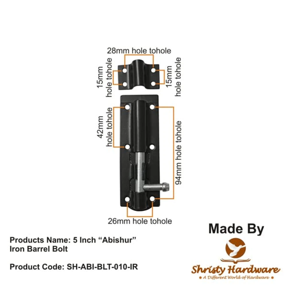 Shristy Hardware 5“ “Abishur” Iron Barrel Bolt - (Black Powder Coated Finish) - Supplied as 1 Piece per Pack