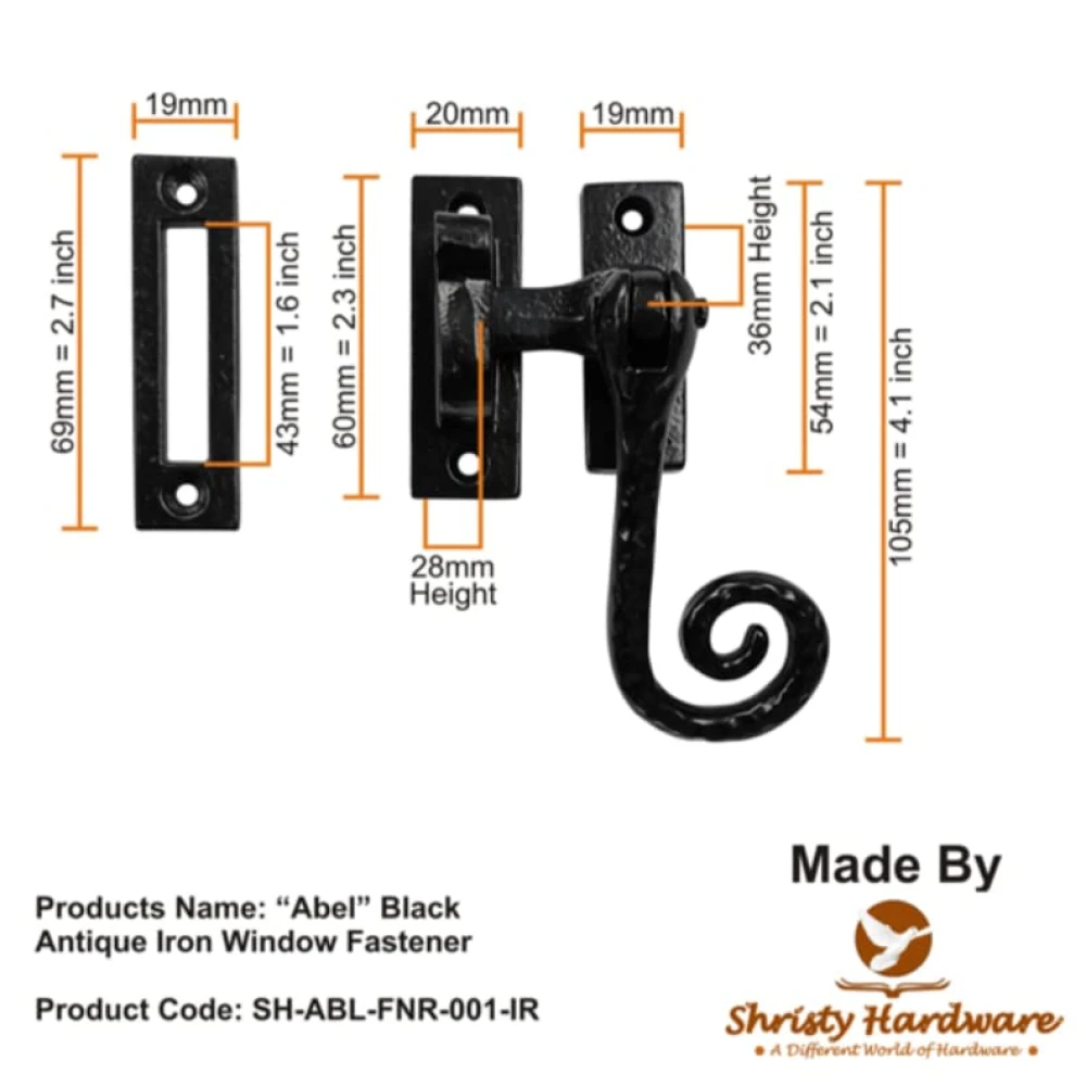 Shristy Hardware ABEL Black Antique Iron Window Fastener (Black Powder Coated Finish)- Supplied as 1 Piece Per Pack