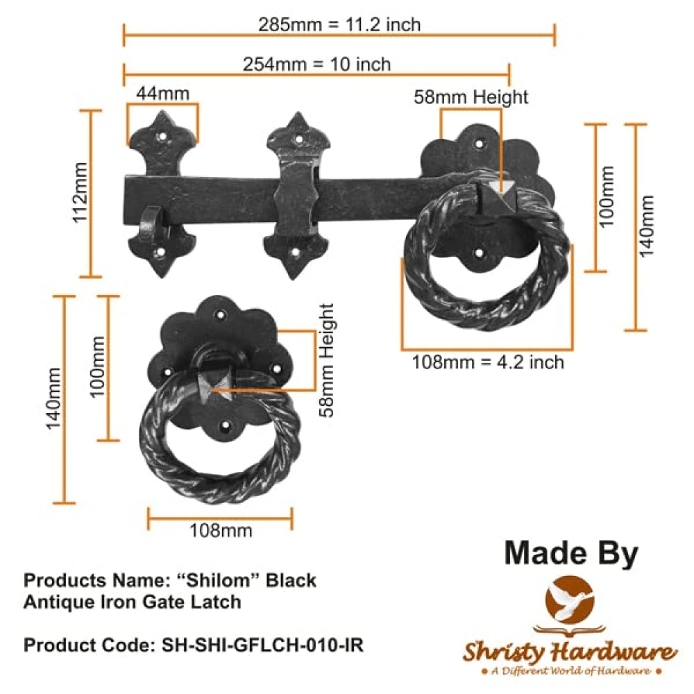 Shristy Hardware “Shilom” Black Antique Iron Gate Latch - (Black Powder Coated Finish) - Supplied as 1 Piece Per Pack