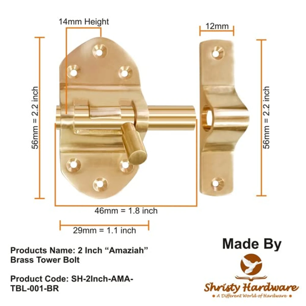 Shristy Hardware 2 Inch “Amaziah” Brass Tower Bolt-(Polished Lacquered finish) - Supplied as 1 Piece per Pack
