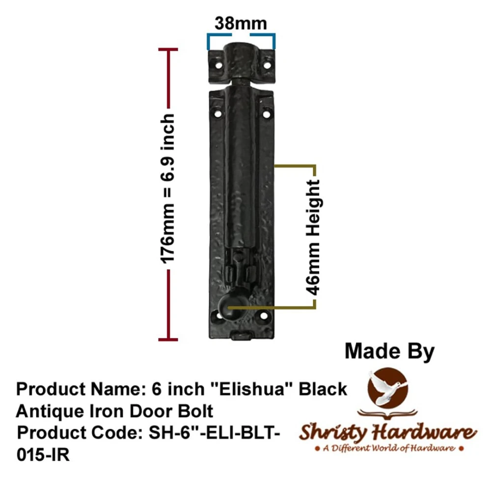 Shristy Hardware 6" "Elishua Black Antique Iron Door Bolt (Pack of 1 Black Powder Coated Finish)