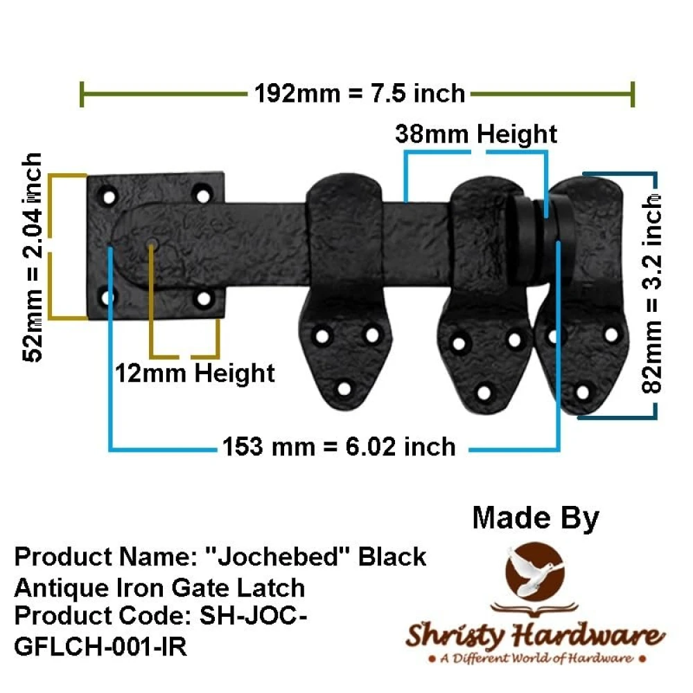 Shristy Hardware 8" "Jochebed Black Antique Iron Gate Latch (Black Powder Coated Finish) - Supplied as 1 Piece