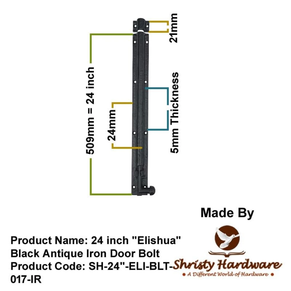 Shristy Hardware 24" "Elishua Black Antique Iron Door Bolt (Pack of 1 Black Powder Coated Finish)