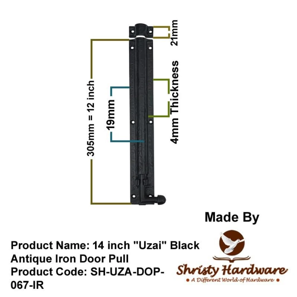 Shristy Hardware 12" "Elishua Black Antique Iron Door Bolt (Pack of 1 Black Powder Coated Finish)