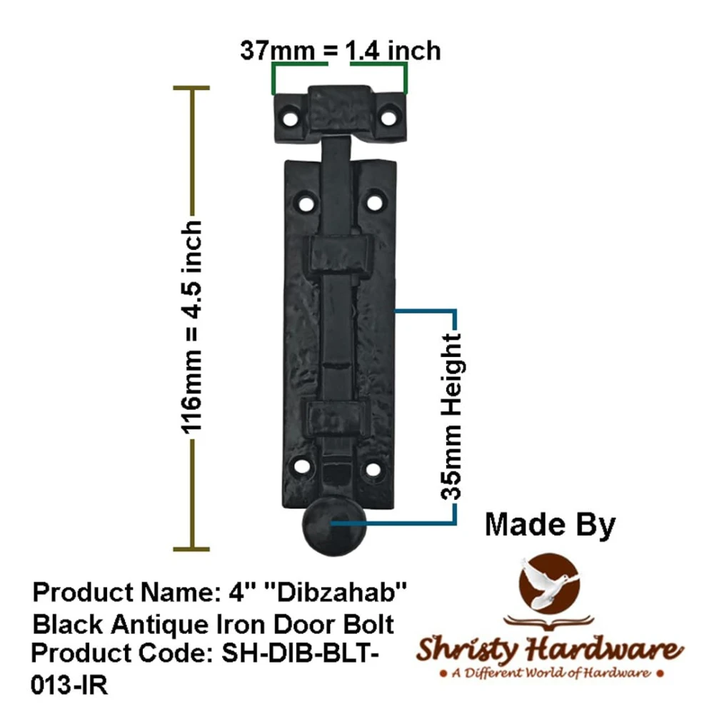 Shristy Hardware 4.5" "Dibzahab Black Antique Iron Door Bolt (Pack of 2 Black Powder Coated Finish)