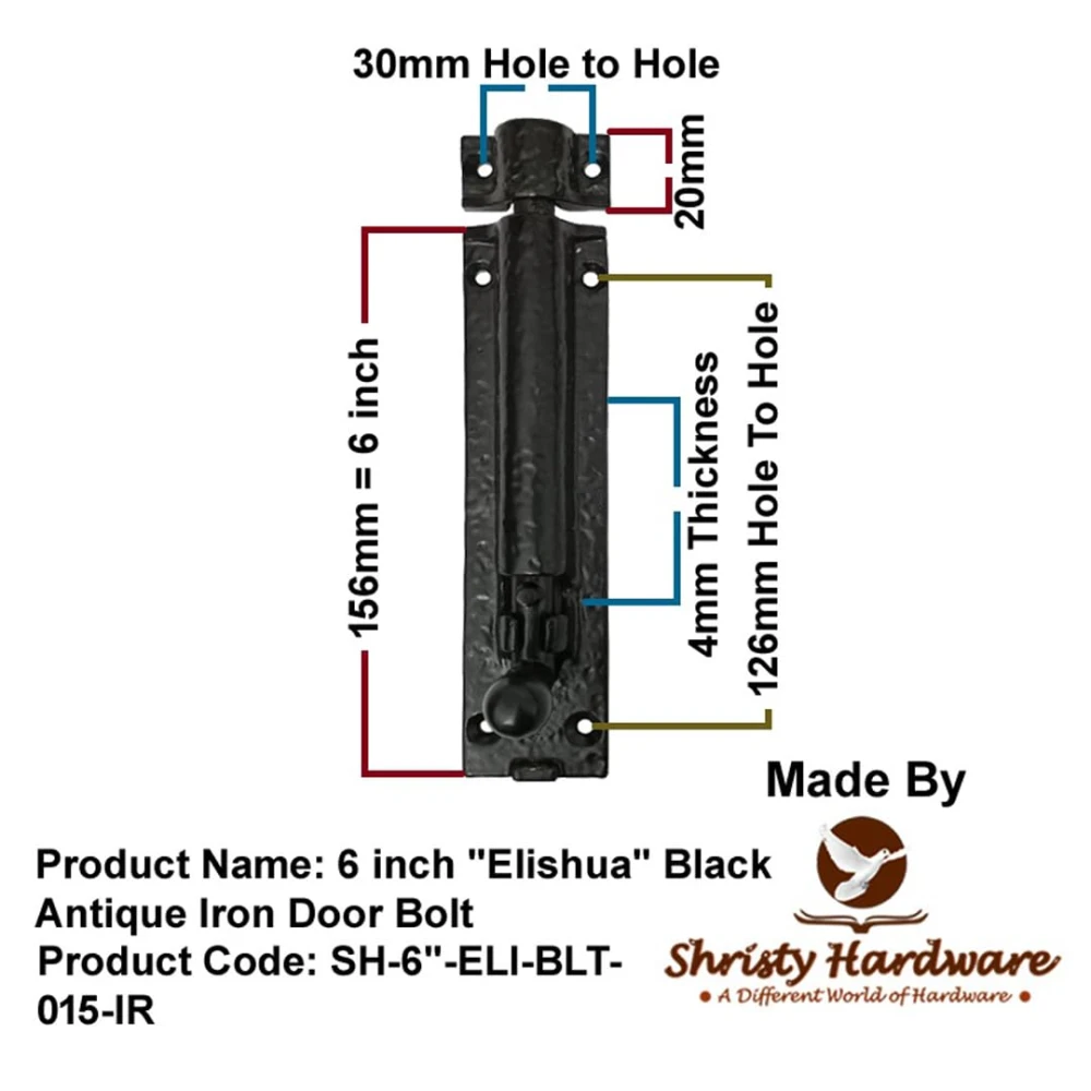 Shristy Hardware 6" "Elishua Black Antique Iron Door Bolt (Pack of 1 Black Powder Coated Finish)