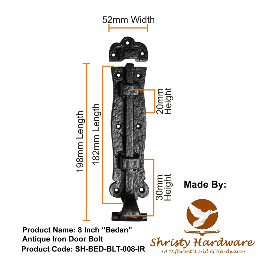 Shristy Hardware 8 inch “Bedan” Antique Iron Door Bolt - (Black Powder Coated Finish) - Supplied as 2 Pieces per Pack