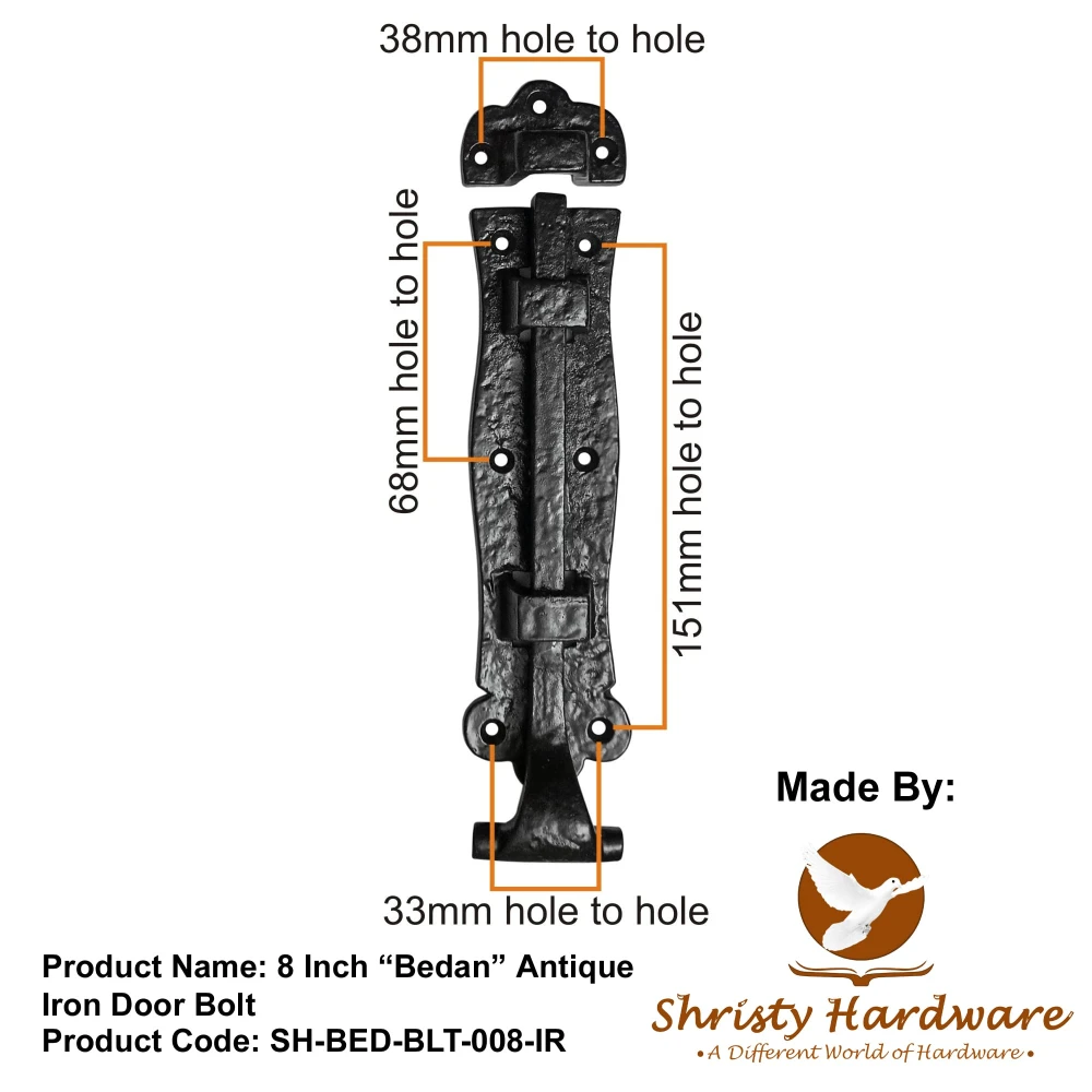 Shristy Hardware 8 inch “Bedan” Antique Iron Door Bolt - (Black Powder Coated Finish) - Supplied as 2 Pieces per Pack